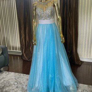 Sky Blue Glitter Prom Dress Size 4 | Sheer Beaded Bodice Princess Ball Gown